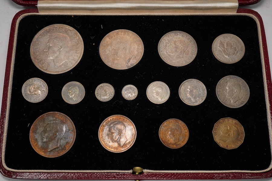 British coins, George VI, 1937 specimen fifteen coin set, comprising silver crown to threepence and Maundy 1d to 4d, brass threepence, copper penny to farthing, tarnished UNC, fitted leather case slightly warped and stai